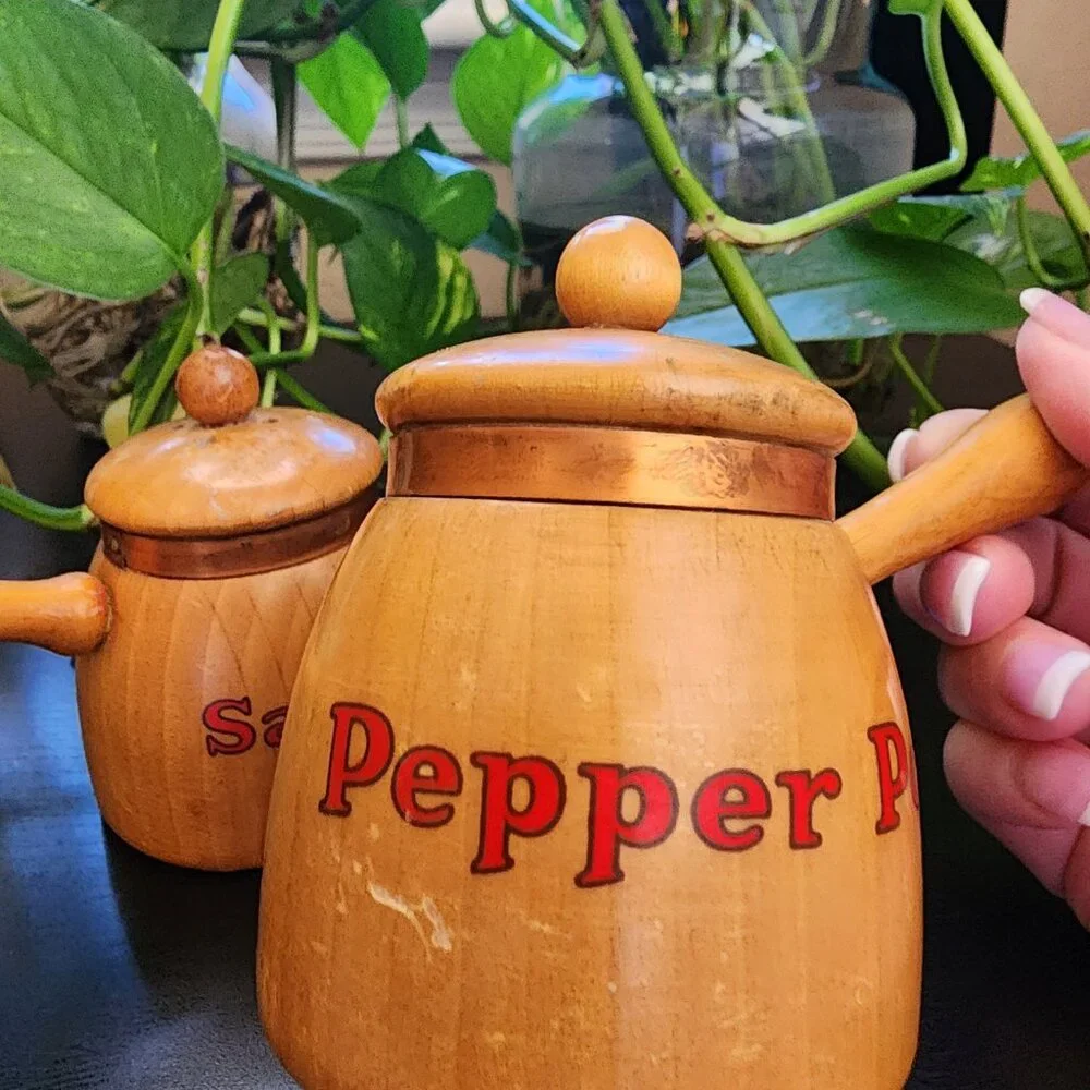 Vintage Salt Pot & Pepper Pot Handled Copper Accent MCM Wood Shakers